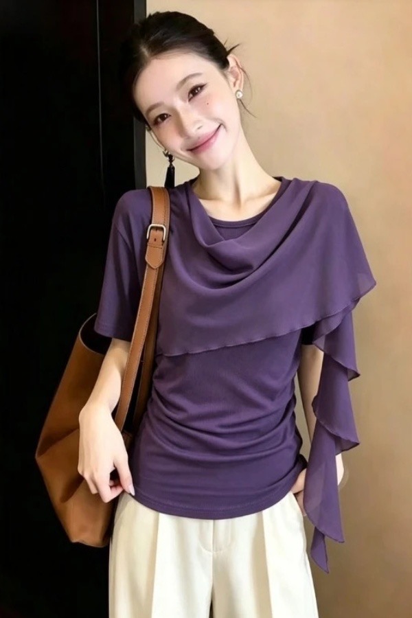 빅 사이즈 한 부서 디자인 센스 불규칙 쉬폰 패치워크 반팔 티셔츠 여성 여름 마이크로 지방 mm 슬림해 보이는 품격 맨위