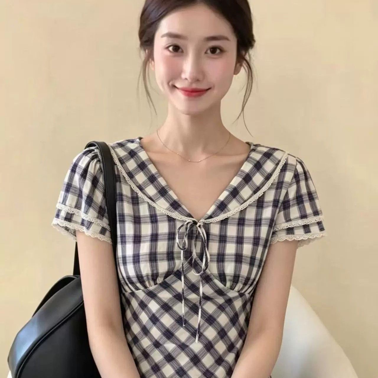 한국 스타일 작은 대중 레트로 해군 칼라 체크무늬 반팔 셔츠 여름 새로운 연령 감소 프랑스식 작은 대중 디자인 맨위 여성