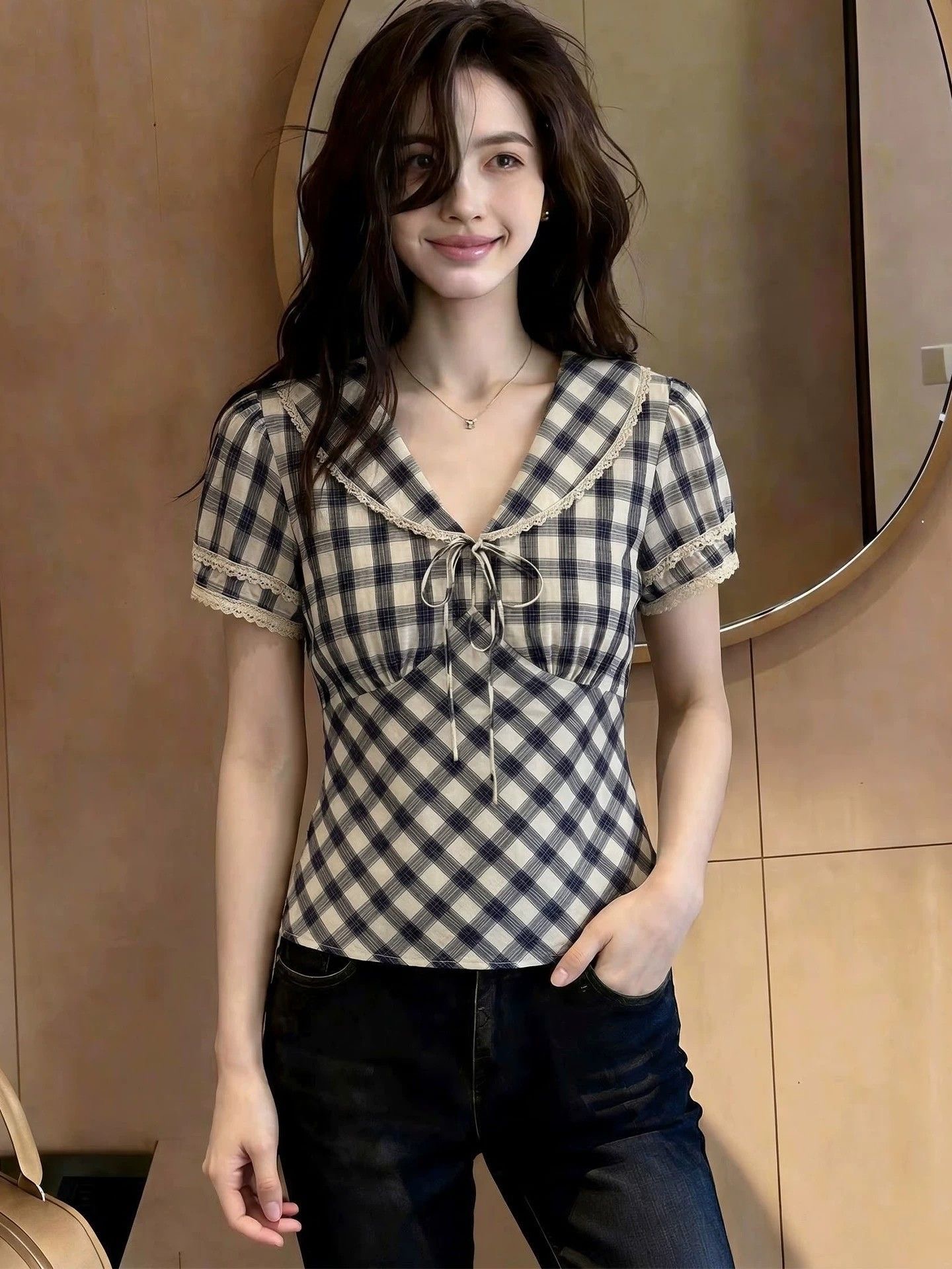 한국 스타일 작은 대중 레트로 해군 칼라 체크무늬 반팔 셔츠 여름 새로운 연령 감소 프랑스식 작은 대중 디자인 맨위 여성