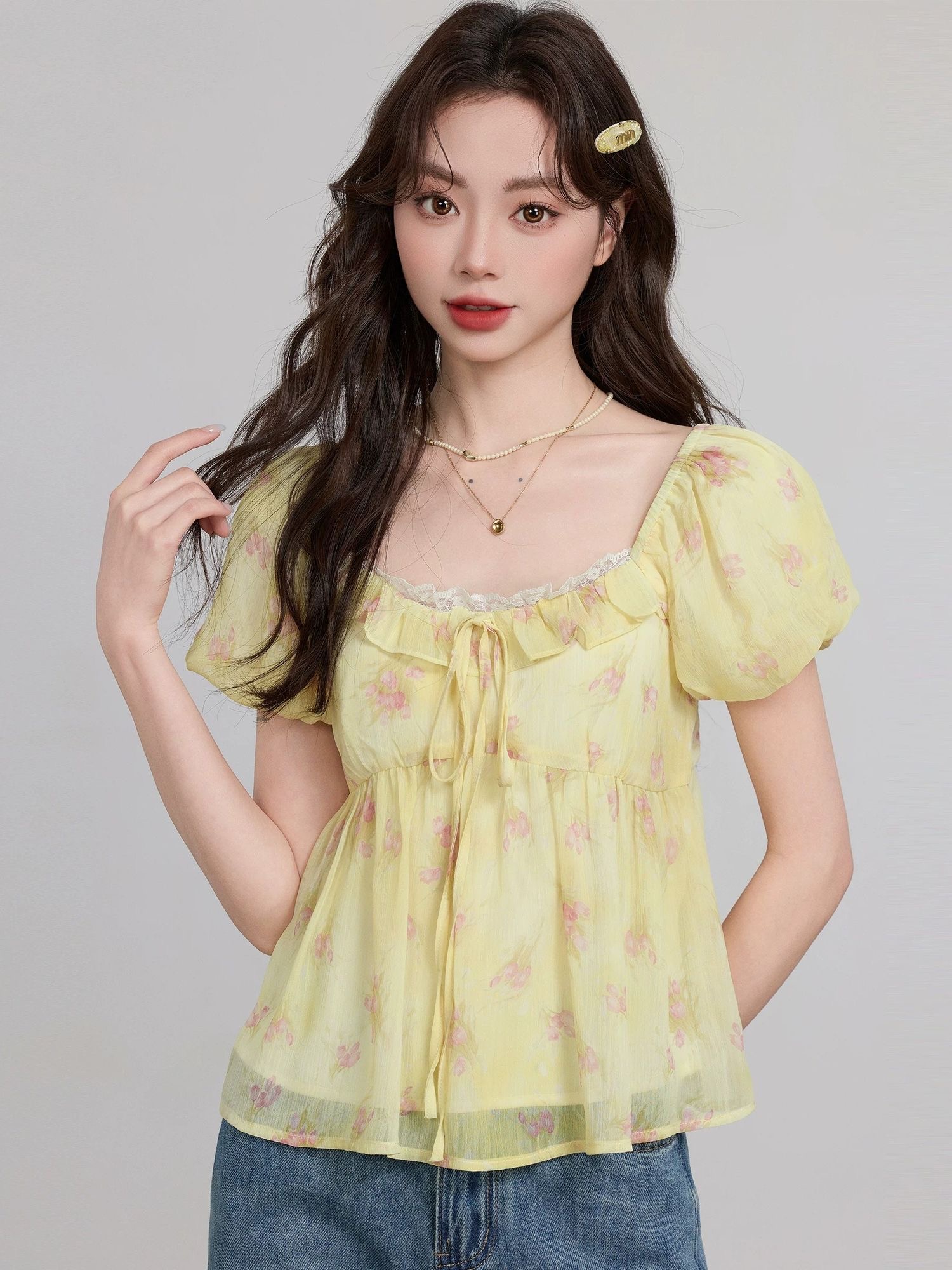 꽃무늬 반팔 셔츠 프랑스식 작은 관리 칼라 쉬폰 차 인사이드 차 가스 Chic 거품 소매 맨위 작은 셔츠