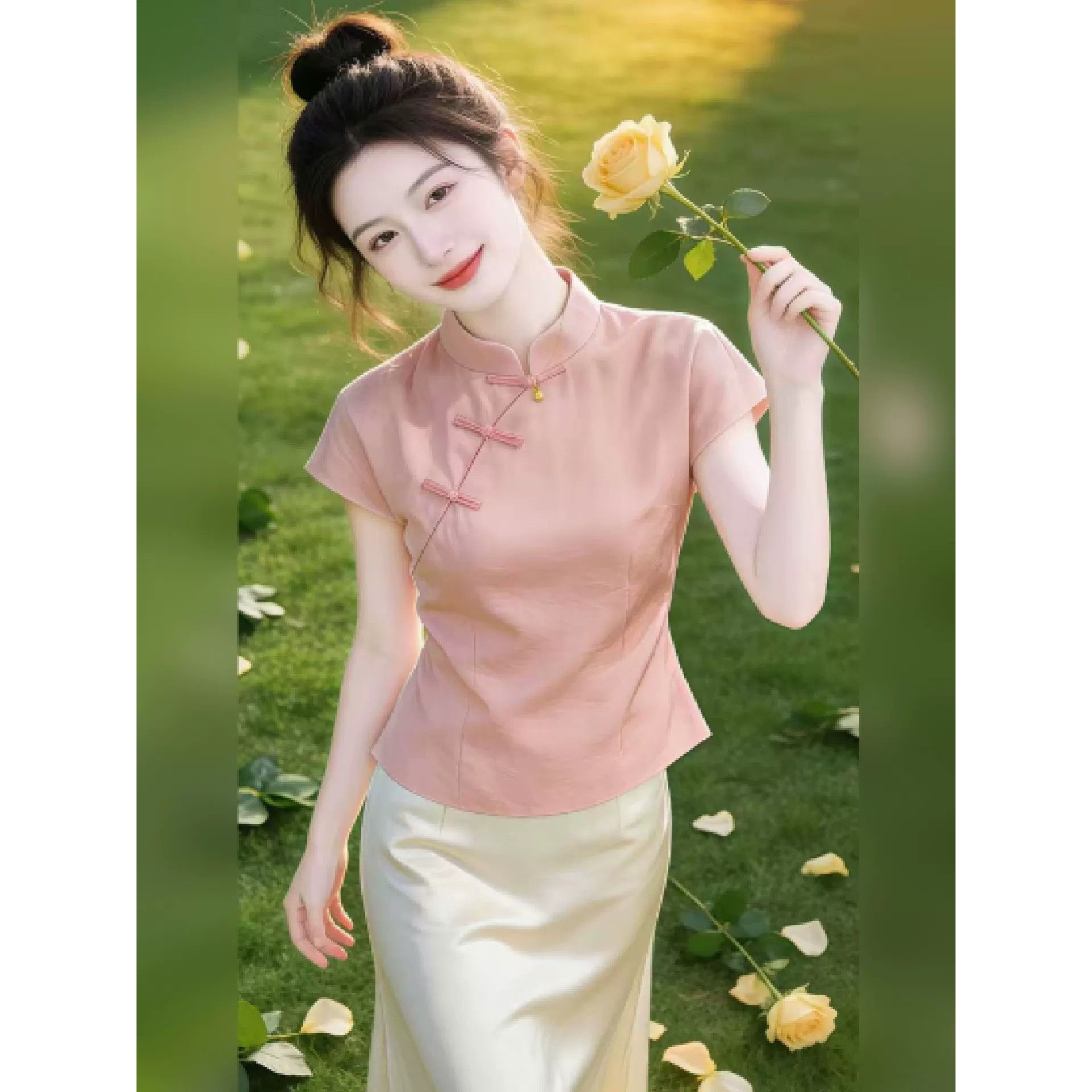 새로운 중식 국풍 품격 디자인 센스 개선 단추 맨위 2026 년 여름 패션 미니멀리즘 반팔 맨위 트렌디