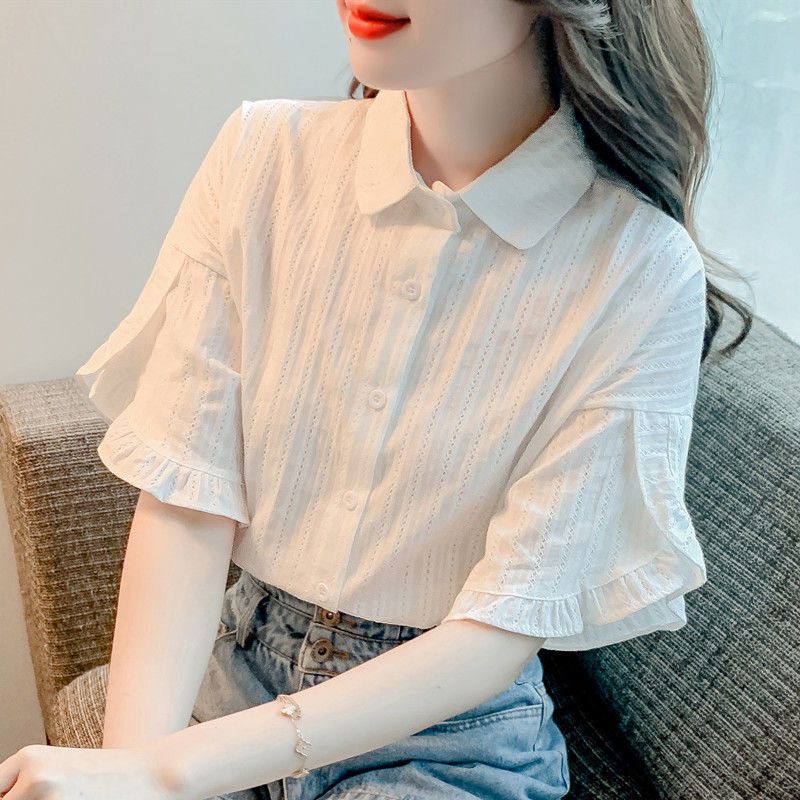 순면 화이트 여성 셔츠 연꽃 잎 소매 2025 년 여름 새로운 여성 의류 작은 청신 루즈핏 표지 배 맨위 반팔