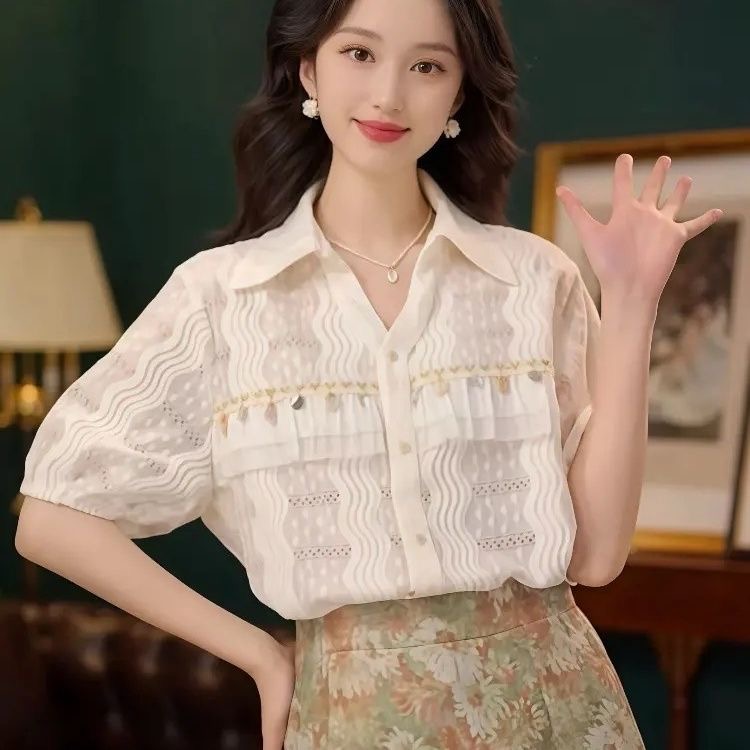 레트로 항구 바람 POLO 칼라 반팔 여성 셔츠 여름 새로운 디자인 센스 캐주얼 루즈핏 다용도 V넥 맨위