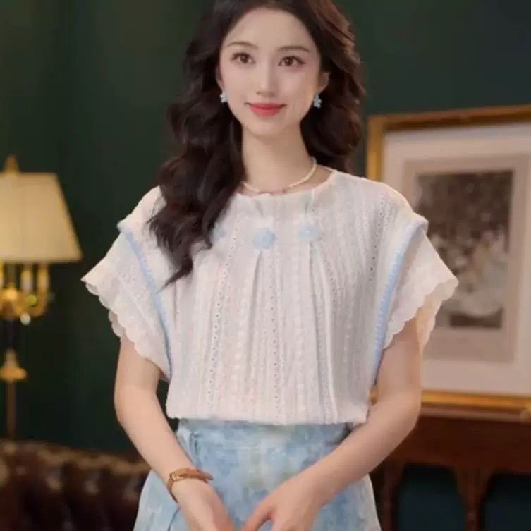 항구 바람 레트로 품격 부드러운 캐주얼 다용도 반팔 여성 셔츠 여름 새로운 디자인 센스 슬림해 보이는 연령 감소 맨위