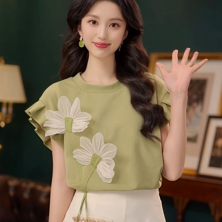 레트로 항구 바람 가을 어깨 소매 티셔츠 여성 여름 새로운 3 차원 꽃 작은 셔츠 캐주얼 다용도 달콤함 연령 감소 맨위