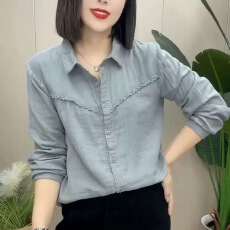 批发<b class='q'>大码</b><b class='q'>女装</b>春秋季时髦百搭花边设计POLO领长袖衬衫宽松显瘦遮肚衬衣