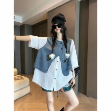 批发胖MM大码韩系慵懒风牛仔马甲拼接短袖衬衫女装夏季宽松大码衬衣潮