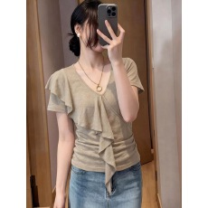 批发简约荷叶边v领<b class='q'>短袖</b>t恤女夏季韩系穿搭设计感不规则飘带短款上衣