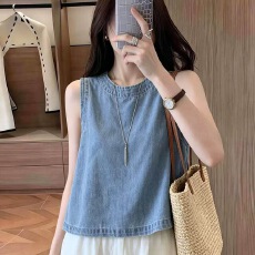 批发韩版慵懒风无袖牛仔马甲女夏新款圆领<b class='q'>百搭</b>小众设计感叠穿背心上衣