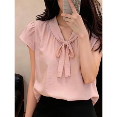 粉色短袖衬衫女夏季新款设计感小众法高级感系带设计感套头上衣女