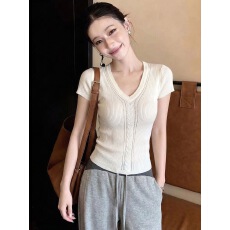 批发绞花+镂空双重织法v领针织短袖t恤女夏季新款独特修身巨好看上衣
