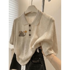 批发2025新款韩版设计感冰丝针织polo衫正肩短袖t恤女夏韩系减龄小象