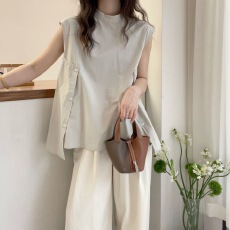 批发韩<b class='q'>范</b>甜美娃娃衫无袖立领小衫女夏季独特收腰小衫设计感小众上衣潮