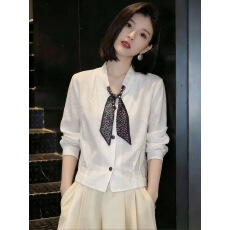 批发衬衫女春季新款丝巾系带褶皱<b class='q'>长袖</b>时尚设计感宽松显瘦洋气百搭上衣