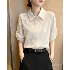 批发老钱风蕾丝镂空拼接短袖衬衫女士2026<b class='q'>新款</b>夏季洋气<b class='q'>小衫</b>衬衣女上衣
