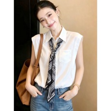 批发法式Polo领丝巾白衬衫女款2026<b class='q'>新款</b>夏季独特漂亮<b class='q'>小衫</b>无袖上衣外穿