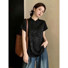 批发新中式国风黑色醋酸提花短袖<b class='q'>T</b><b class='q'>恤</b>女2026新款夏季大码胖mm正肩上衣