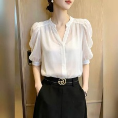 批发法式V领泡泡袖<b class='q'>白色</b><b class='q'>衬衫女</b>2026夏季新款七分袖洋气百搭上衣设计感