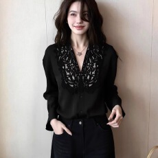 批发法式黑色蕾丝<b class='q'>V领</b>衬衣女2026春季新款高级设计感小众长袖衬衫上衣