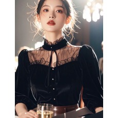 批发黑色蕾丝拼接丝绒上衣女装2025冬季<b class='q'>轻熟</b>气质名媛独特漂亮叠穿衬衣