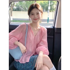 批发法式气质V领<b class='q'>灯笼袖</b>雪纺衫女秋季韩版chic轻熟时尚名媛风淑女上衣