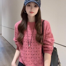 批发秋季氛围感宽松超好看针织衫套头圆领镂空毛衣