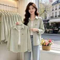 批发衬衫女上衣外套春秋装新款<b class='q'>韩版</b>口袋宽松显瘦小个子长袖开衫衬衣女