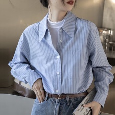 批发蓝色条纹衬衫女2024春季新款设计感小众宽松显瘦春秋外穿长袖衬衣
