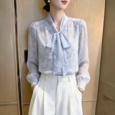 批发法式气质蝴蝶结<b class='q'>长袖</b><b class='q'>雪纺</b><b class='q'>衬衫</b>女秋季新款韩版<b class='q'>衬衣</b>甜美减龄显瘦上衣