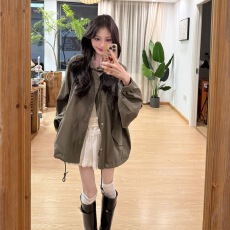 批发韩系工装风宽松军绿色风衣外套女春秋季小个子中长版休闲长袖夹克