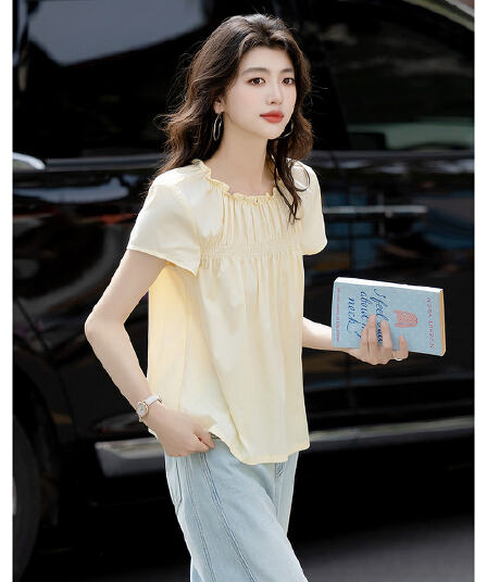 26 닿을 수 있다. ~ 중 부드러운 여름 면 브로케이드 폭탄 셔츠 참나무 늑골 라운드 넥 루즈핏 편안함 셔츠 여성 의류 맨위