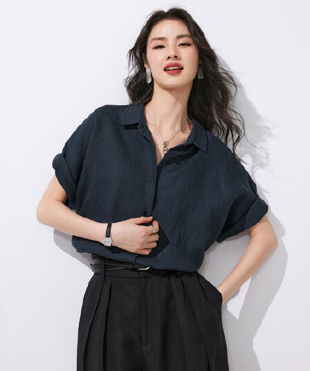 26 무거운 아마 반팔 여성 셔츠 봄 여름 일반 애나들 폴로 칼라 루즈핏 셔츠 슬림해 보이는