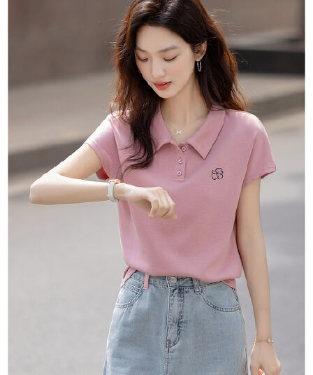 2026 여름 지혜 센스 작은 날다 소매 POLO 칼라 기본 셔츠 꽃 자수 여성 티셔츠
