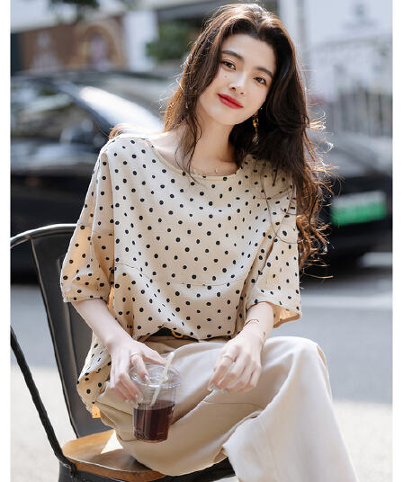 2026 레트로 폴카 여름 구름 면 도트 무늬 프린트 셔츠 심지어 소매 물방울 버클 셔츠 여성 의류 맨위
