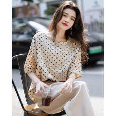 批发2026 复古波尔卡夏季云朵棉波点印花<b class='q'>衬衫</b>连袖水滴扣<b class='q'>衬衣</b>女装上衣