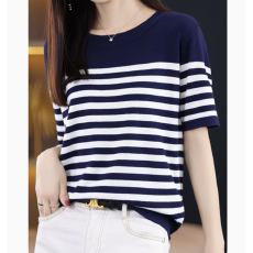 批发条纹T恤女<b class='q'>短袖</b>夏季薄体恤圆领冰丝针织打底衫上衣