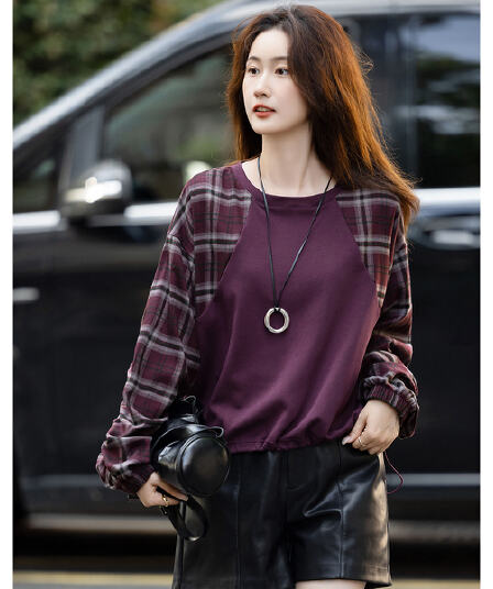 슈 폭탄 280g 빈 가스 층 가을 한 바람 레트로 체크무늬 패치워크 참나무 늑골 밑단 후드티 여성 셔츠