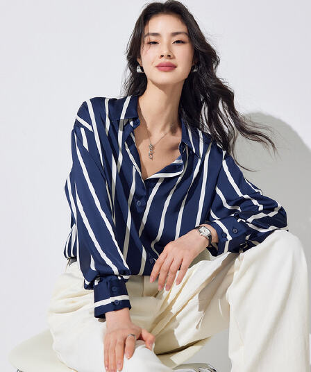 가을 느슨함 느긋한 센스 스트라이프 새틴 여성 셔츠 ol 품격 출퇴근 긴팔 셔츠