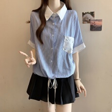 批发实拍小清新甜美2025夏季新款条纹衬衫大码女装宽松休闲不规则上衣