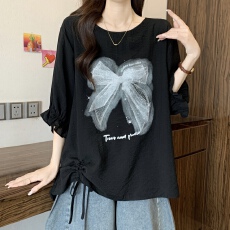 批发实拍<b class='q'>夏</b>季冰丝印花镶钻新款大码胖mm时尚减龄宽松遮肚显瘦套头上衣