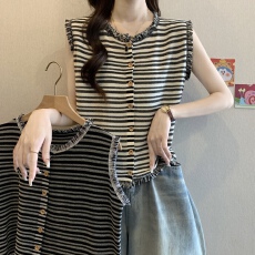 批发韩系毛边无袖细条纹背心冰丝针织衫女2025<b class='q'>夏</b>季新款洋气显瘦上衣潮