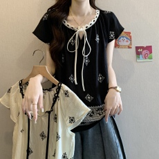 批发实拍民族风短袖衬衫女夏季大码女装胖mm显瘦宽松减龄设计感上衣