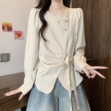 批发实拍正肩长袖衬衫女2025早秋<b class='q'>大码</b>胖mm气质独特小衫不规则收腰上衣