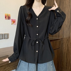 批发大码女装胖mm秋新款2025时尚百搭衬衫V领系带收腰显瘦长袖上衣女