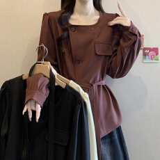 批发法式方领长袖衬衫女秋冬新款大码女装胖mm显瘦高级感系带收腰上衣