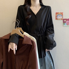 批发实拍法式V领收腰长袖衬衫大码女装秋<b class='q'>新款</b>气质胖mm显瘦遮肚子上衣
