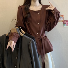 批发2025秋冬新款不规则独特漂亮长袖衬衫大码胖MM收腰绑带小衫上衣女