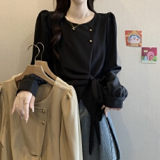 批发实拍正肩长袖衬衫女2025早秋大码胖mm气质独特小衫不规则收腰上衣