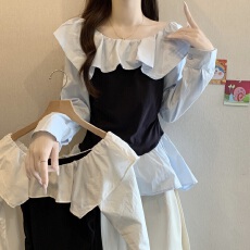 批发韩版时尚洋气一字肩长袖<b class='q'>小衫</b>大码女秋个性撞色设计感显瘦百搭上衣