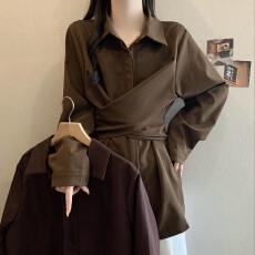 批发大码不规则遮肚休闲收腰衬衫女春<b class='q'>秋</b>微胖mm洋气减龄宽松慵懒风上衣